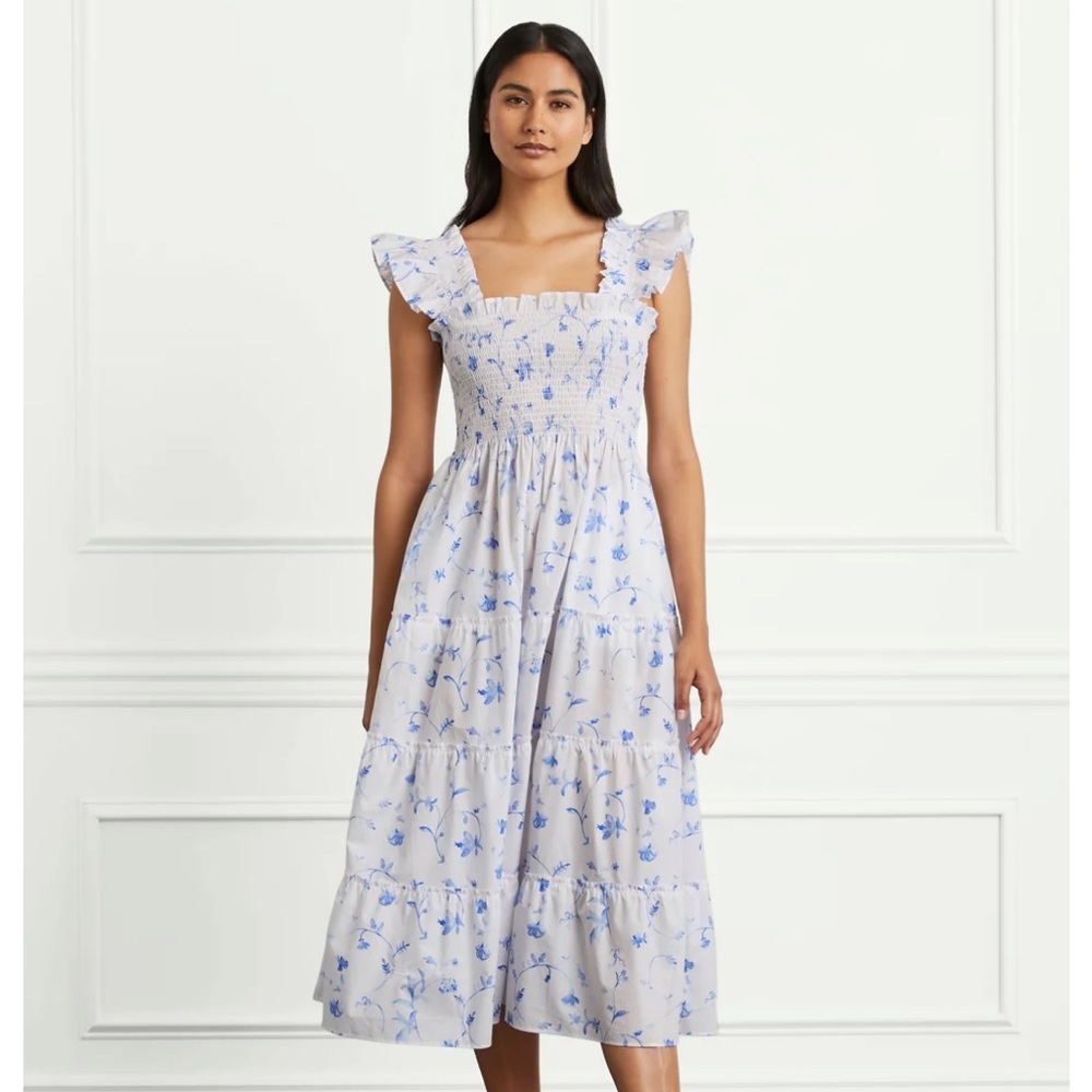 Hill House Blue Smocked Ruffle Midi Dress